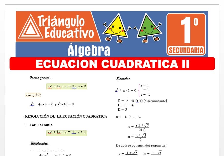 Ecuación Cuadrática II para Primer Grado de Secundaria