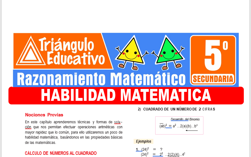 Ficha de Habilidad Matematica para Quinto Grado de Secundaria