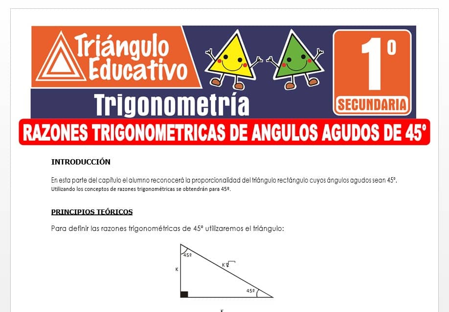Razones Trigonométricas de Ángulos Agudos de 45° para Primer Grado de Secundaria