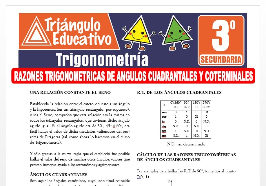 Razones Trigonométricas de Ángulos Cuadrantales y Coterminales para Tercer Grado de Secundaria