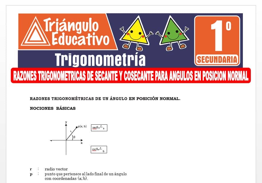 Razones Trigonométricas de Secante y Cosecante para Ángulos en Posición Normal para Primer Grado de Secundaria