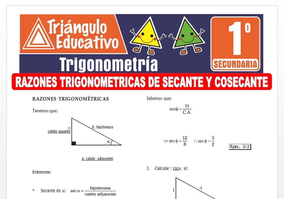 Razones trigonométricas de Secante y Cosecante para Primer Grado de Secundaria